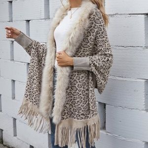Cream vegan fur leopard print tassel poncho cardigan